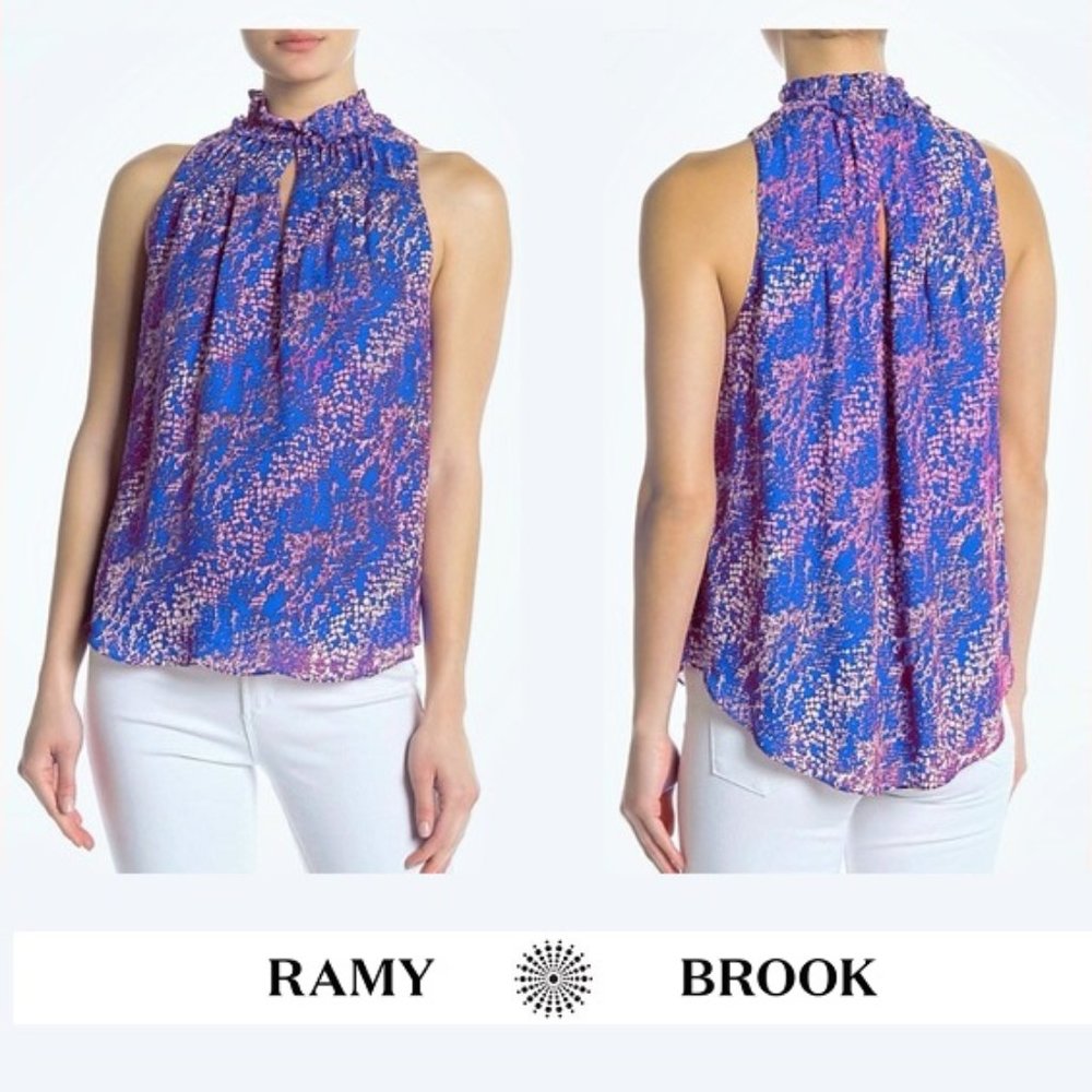 NWT Boho Ramy Brook Sleeveless Print Tops Chiffon Relaxed Kyrie mock neck blouse